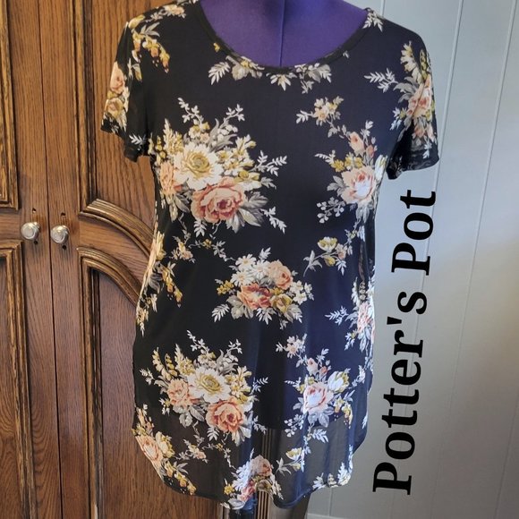 Potter's Pot sheer black floral short sleeve mesh tunic top sz: M - Picture 2 of 5